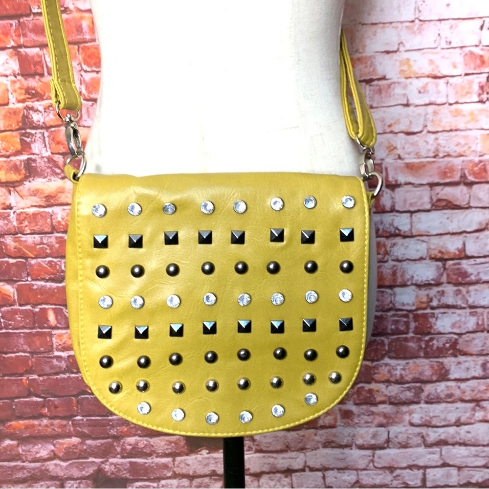 Lemon Citron Studded Rhinestone Soft Leather Crossbody Bag - Picture 2 of 14